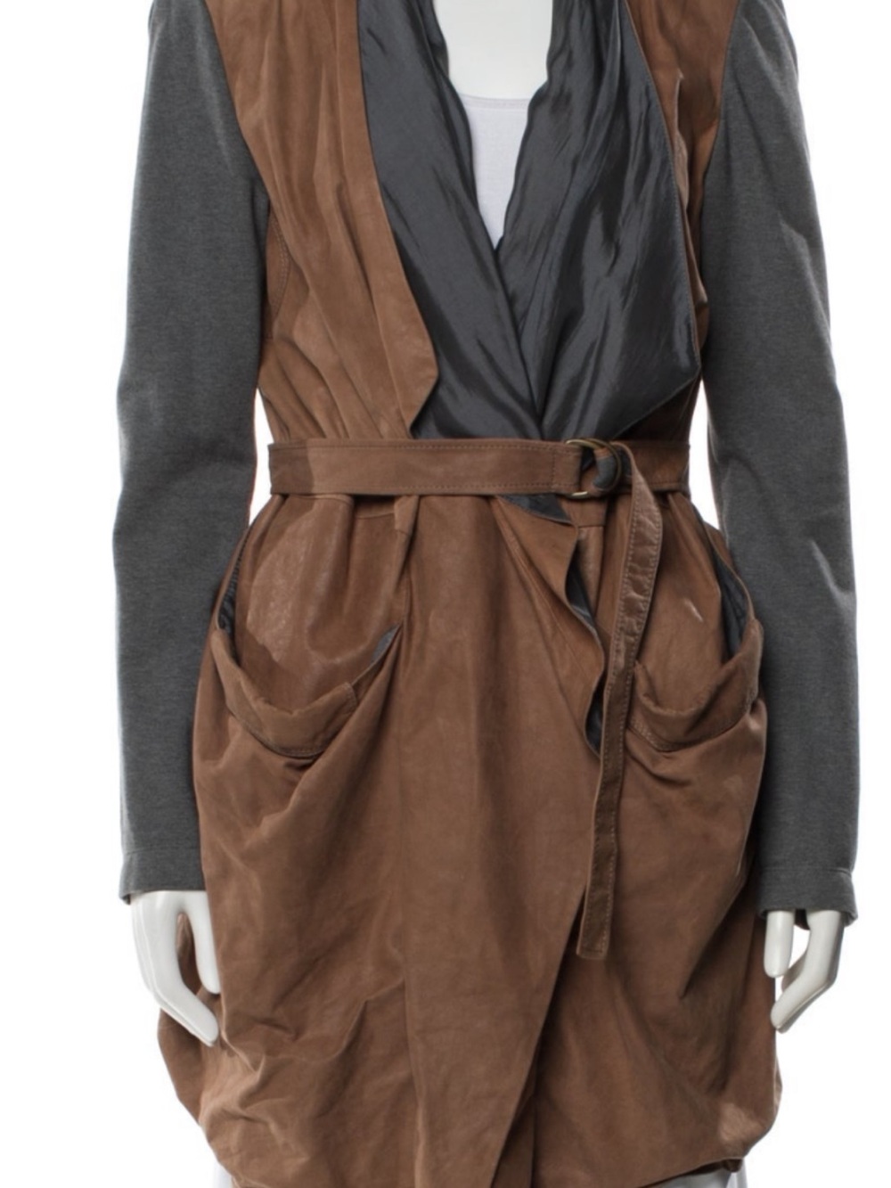 Brunello Cucinelli Brown Leather Trench with Gray Knit Sleeves